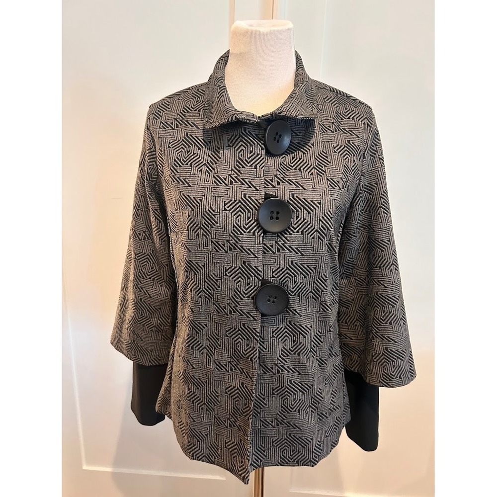 Joseph Ribikoff Grey Black Geometric‎ Jacquard Funnel Neck Swing Jacket Size 12 - Picture 2 of 11